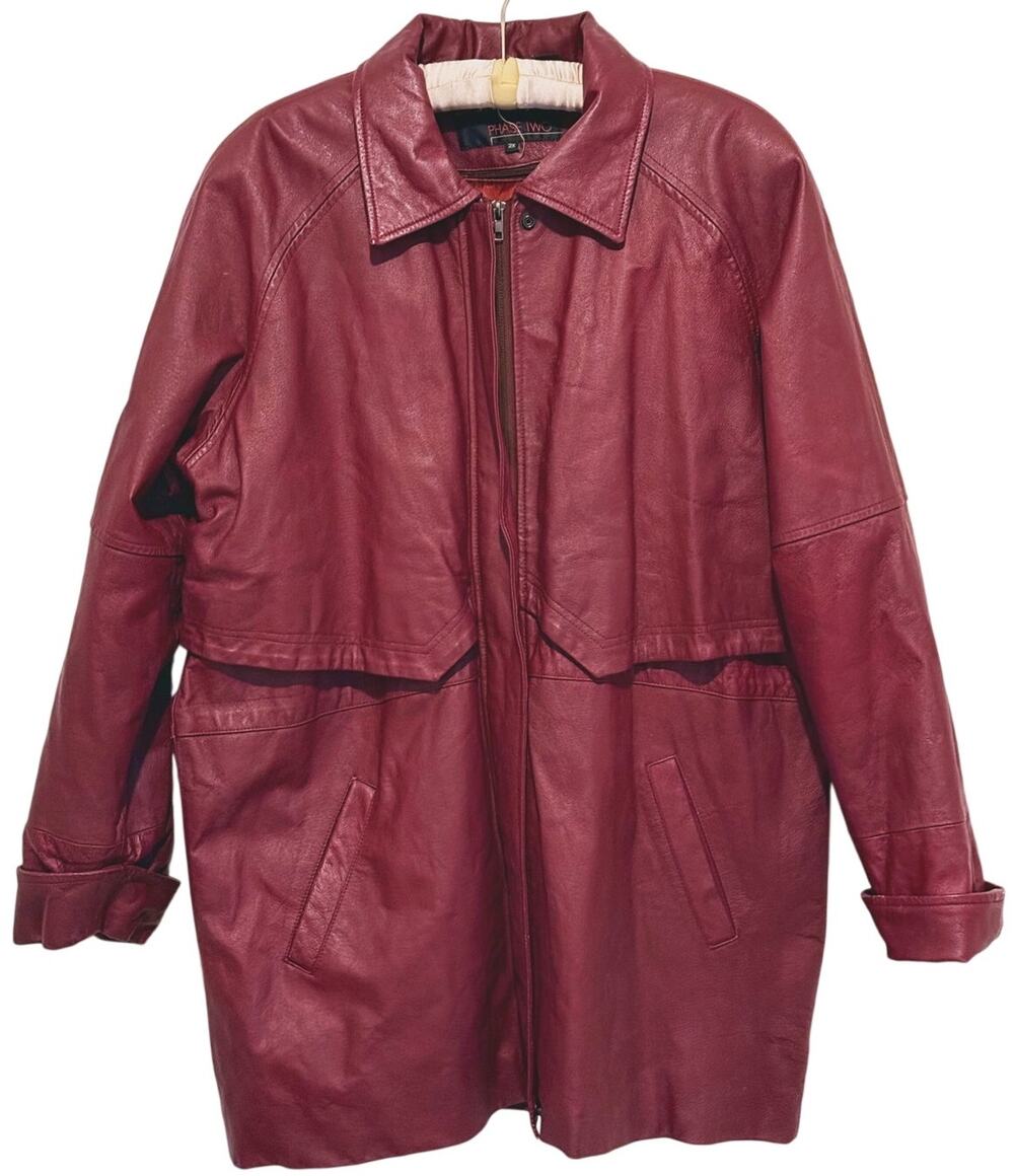 Vintage Y2K Phase Two Leather Jacket Coat 2X Red Trench Grunge Retro 90s Biker